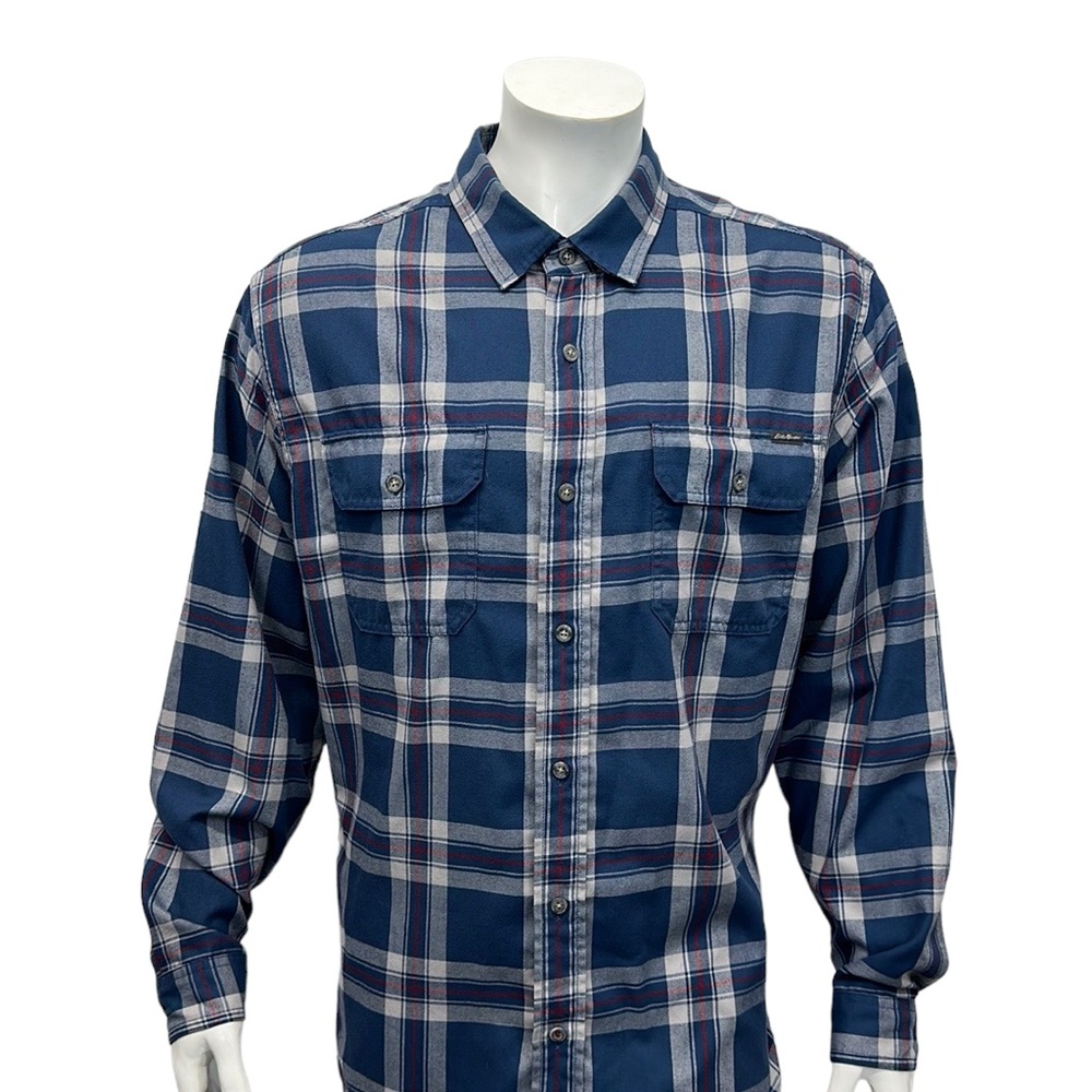 Eddie Bauer Blue Red White Plaid Polyester Long Sleeve Button Up Shirt Size XL